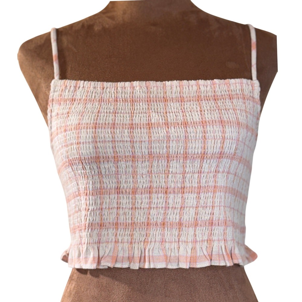 Elodie Smocked Crop Cami Top Women's Large Apricot Plaid Ruffle‎ Hem NWT